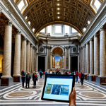 **

"Vatican City, interior of the Vatican Museums, showcasing digital preservation of art, virtual tour interface on a tablet, tourists with masks, safe for work, appropriate content, fully clothed, professional, perfect anatomy, natural proportions, high quality."

**