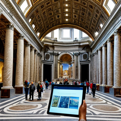 Home 14 **
"Vatican City, interior of the Vatican Museums, showcasing digital preservation of art, virtual tour interface on a tablet, tourists with masks, safe for work, appropriate content, fully clothed, professional, perfect anatomy, natural proportions, high quality."
**