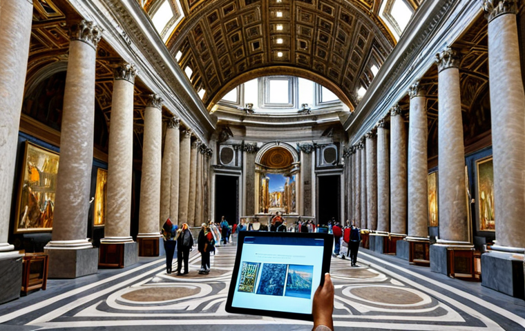 **

"Vatican City, interior of the Vatican Museums, showcasing digital preservation of art, virtual tour interface on a tablet, tourists with masks, safe for work, appropriate content, fully clothed, professional, perfect anatomy, natural proportions, high quality."

**