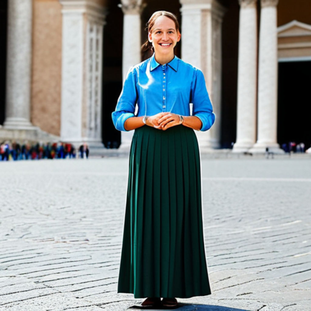 바티칸 시국 여행 시 주의점 - **Image Prompt:** A professional female tourist, fully clothed in modest attire (long skirt, blouse)...