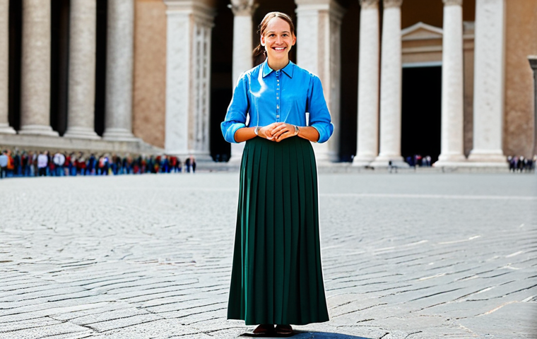 바티칸 시국 여행 시 주의점 - **Image Prompt:** A professional female tourist, fully clothed in modest attire (long skirt, blouse)...