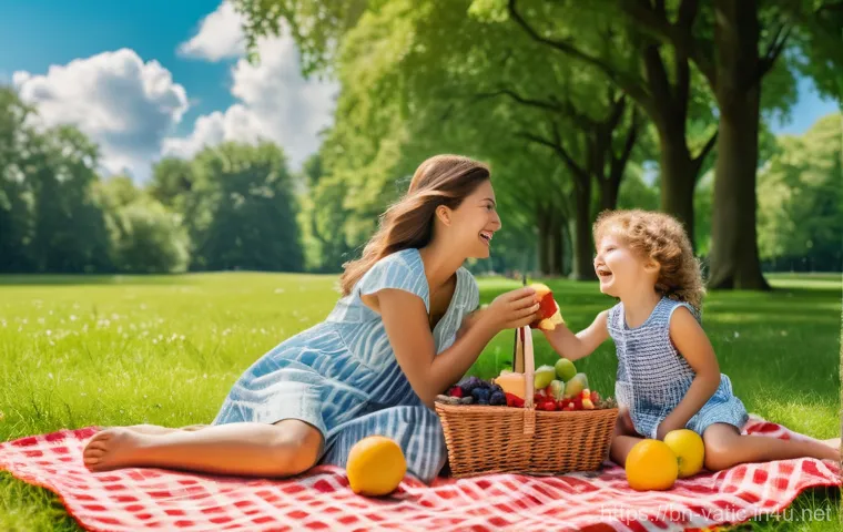 바티칸 시국 국경 특징 - A joyful family picnic scene in a vibrant, sun-drenched park. The scene features a diverse family of...