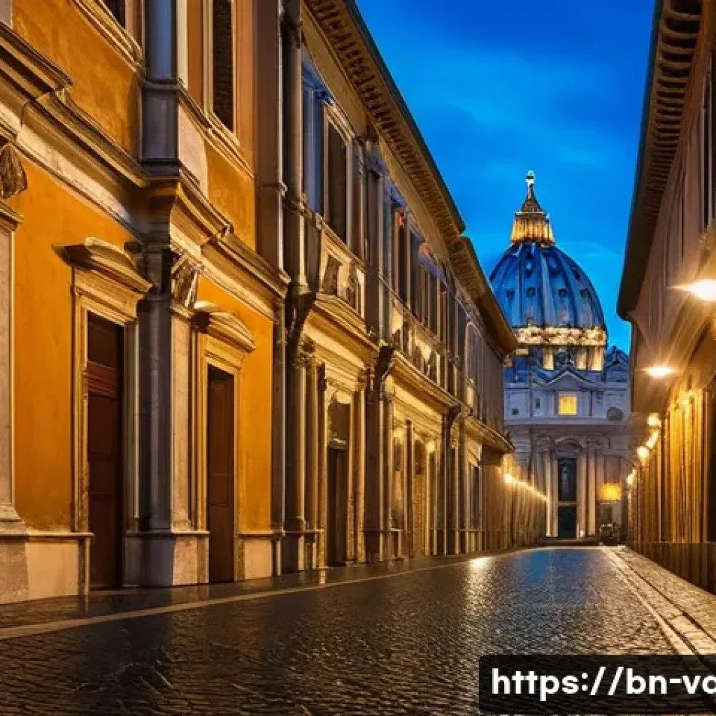 바티칸 시국과 미신 - A detailed, atmospheric depiction of Vatican City's ancient architecture and narrow alleys during go...