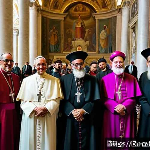 바티칸 시국과 유대교 관계 - A detailed scene depicting a peaceful interfaith dialogue in Vatican City, featuring Jewish and Chri...