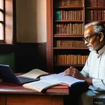 바티칸 시국과 아동 성추문 사건 - A detailed, thoughtful scene inside a traditional Bengali study room where a middle-aged Bengali sch...