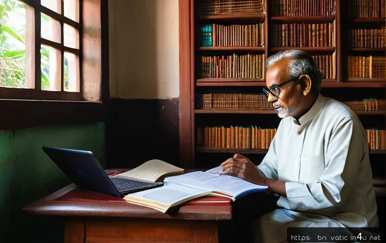 바티칸 시국과 아동 성추문 사건 - A detailed, thoughtful scene inside a traditional Bengali study room where a middle-aged Bengali sch...