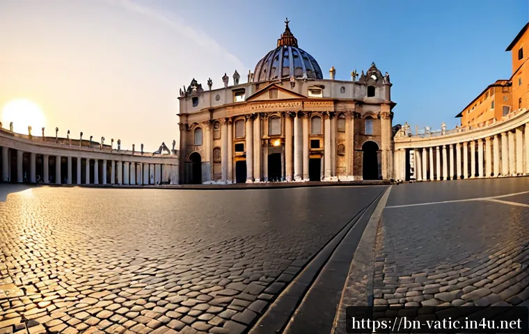 Home 17 바티칸 시국과 베네딕토 16세 - Photorealistic dawn view of St. Peter’s Basilica and St. Peter’s Square in Vatican City, empty cobbl...