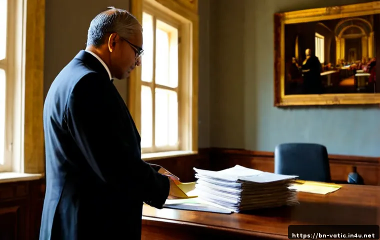 바티칸 시국 부패 스캔들 - Photorealistic investigative journalism scene inside an elegant Vatican-inspired administrative offi...